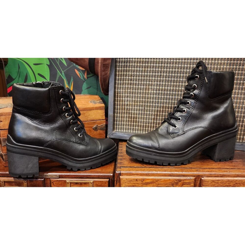 Aldo Womens Black Leather Chunky Heel Lace-Up Boots Size 9